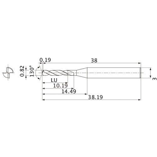 MSE0082SB VP15TF 0.82 mm Dia. × 3 mm Shank × 10.19 mm Flute Length × 38.19 mm OAL, 130°, 2 Flute, External Coolant, Solid Carbide Drill