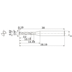 MSE0082SB VP15TF 0.82 mm Dia. × 3 mm Shank × 10.19 mm Flute Length × 38.19 mm OAL, 130°, 2 Flute, External Coolant, Solid Carbide Drill