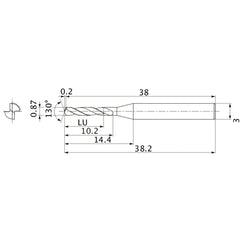 MSE0087SB VP15TF 0.87 mm Dia. × 3 mm Shank × 10.2 mm Flute Length × 38.2 mm OAL, 130°, 2 Flute, External Coolant, Solid Carbide Drill