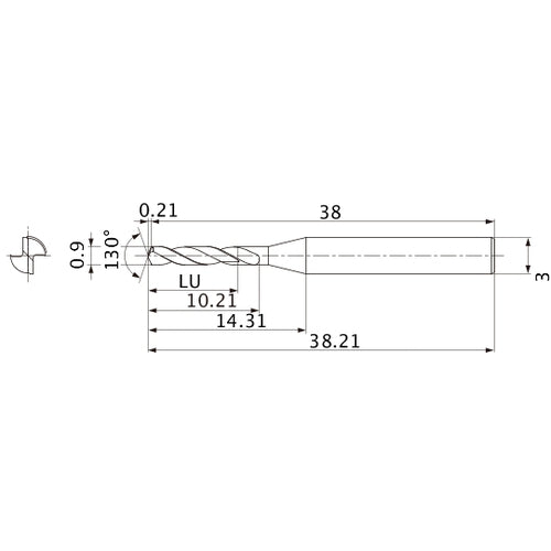 MSE0090SB VP15TF 0.9 mm Dia. × 3 mm Shank × 10.21 mm Flute Length × 38.21 mm OAL, 130°, 2 Flute, External Coolant, Solid Carbide Drill