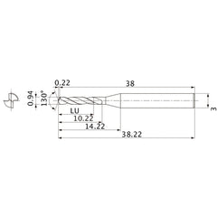 MSE0094SB VP15TF 0.94 mm Dia. × 3 mm Shank × 10.22 mm Flute Length × 38.22 mm OAL, 130°, 2 Flute, External Coolant, Solid Carbide Drill