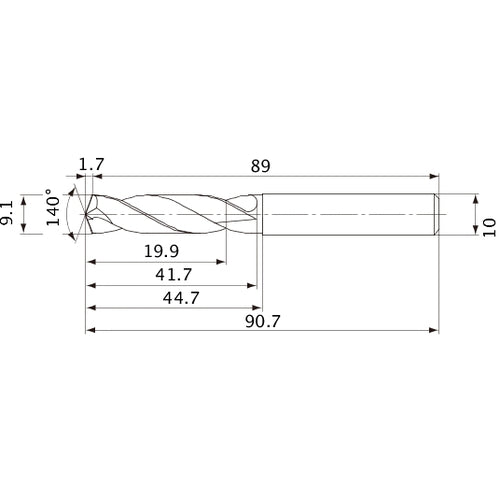 MVE0910X02S100 DP1020 9.1 mm Dia. × 10 mm Shank × 41.7 mm Flute Length × 90.7 mm OAL, 140°, 2 Flute, External Coolant, Solid Carbide Drill