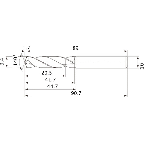 MVE0940X02S100 DP1020 9.4 mm Dia. × 10 mm Shank × 41.7 mm Flute Length × 90.7 mm OAL, 140°, 2 Flute, External Coolant, Solid Carbide Drill