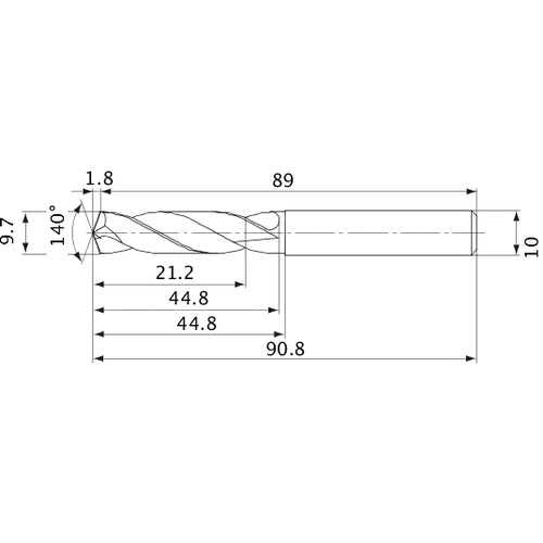 MVE0970X02S100 DP1020 9.7 mm Dia. × 10 mm Shank × 44.8 mm Flute Length × 90.8 mm OAL, 140°, 2 Flute, External Coolant, Solid Carbide Drill