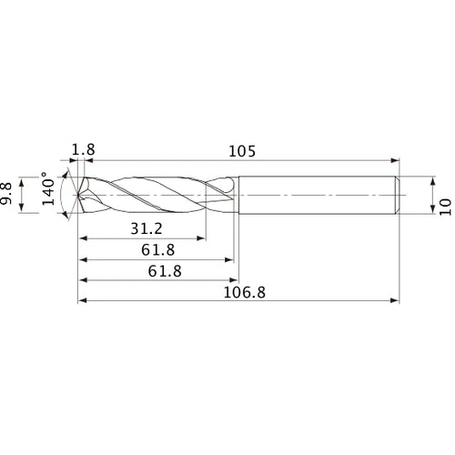 MVE0980X03S100 DP1020 9.8 mm Dia. × 10 mm Shank × 61.8 mm Flute Length × 106.8 mm OAL, 140°, 2 Flute, External Coolant, Solid Carbide Drill