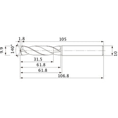 MVE0990X03S100 DP1020 9.9 mm Dia. × 10 mm Shank × 61.8 mm Flute Length × 106.8 mm OAL, 140°, 2 Flute, External Coolant, Solid Carbide Drill