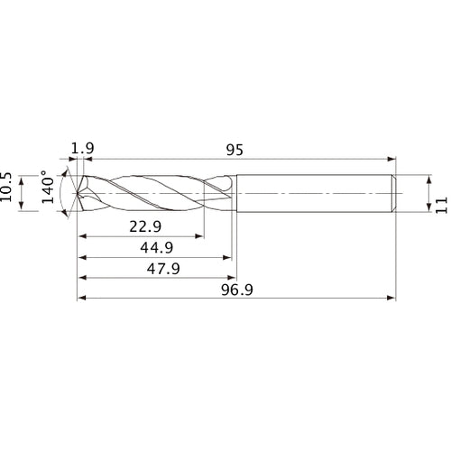 MVE1050X02S110 DP1020 10.5 mm Dia. × 11 mm Shank × 44.9 mm Flute Length × 96.9 mm OAL, 140°, 2 Flute, External Coolant, Solid Carbide Drill
