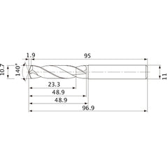 MVE1070X02S110 DP1020 10.7 mm Dia. × 11 mm Shank × 48.9 mm Flute Length × 96.9 mm OAL, 140°, 2 Flute, External Coolant, Solid Carbide Drill