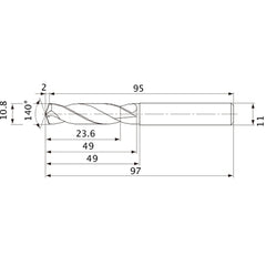 MVE1080X02S110 DP1020 10.8 mm Dia. × 11 mm Shank × 49 mm Flute Length × 97 mm OAL, 140°, 2 Flute, External Coolant, Solid Carbide Drill