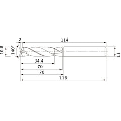 MVE1080X03S110 DP1020 10.8 mm Dia. × 11 mm Shank × 70 mm Flute Length × 116 mm OAL, 140°, 2 Flute, External Coolant, Solid Carbide Drill