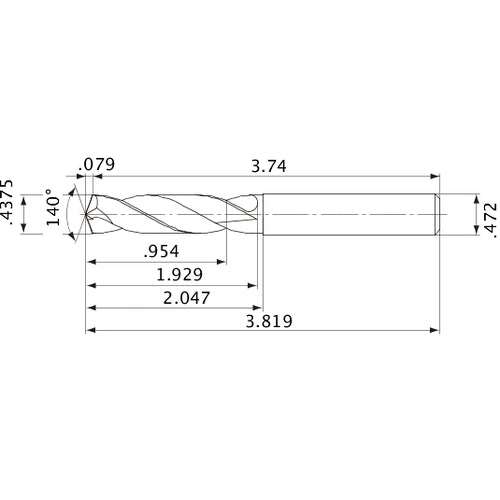 MVE1111X02S120 DP1020 7/16″ Dia. × 0.472″ Shank × 1.929″ Flute Length × 3.819″ OAL, 140°, 2 Flute, External Coolant, Solid Carbide Drill