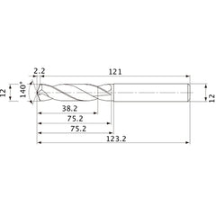 MVE1200X03S120 DP1020 12 mm Dia. × 12 mm Shank × 75.2 mm Flute Length × 123.2 mm OAL, 140°, 2 Flute, External Coolant, Solid Carbide Drill