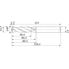 MVE1270X03S130 DP1020 12.7 mm Dia. × 13 mm Shank × 80.3 mm Flute Length × 139.3 mm OAL, 140°, 2 Flute, External Coolant, Solid Carbide Drill
