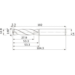 MVE1280X02S140 DP1020 12.8 mm Dia. × 14 mm Shank × 53.3 mm Flute Length × 104.3 mm OAL, 140°, 2 Flute, External Coolant, Solid Carbide Drill