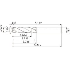 MVE1925X02S200 DP1020 0.7579″ Dia. × 0.787″ Shank × 2.736″ Flute Length × 5.295″ OAL, 140°, 2 Flute, External Coolant, Solid Carbide Drill