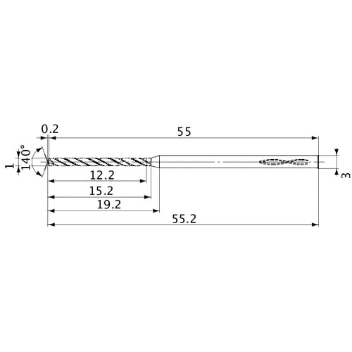 MVS0100X12S030 DP1020 1 mm Dia. × 3 mm Shank × 15.2 mm Flute Length × 55.2 mm OAL, 140°, 2 Flute, Coolant Thru, Solid Carbide Drill