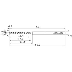 MVS0110X12S030 DP1020 1.1 mm Dia. × 3 mm Shank × 17.2 mm Flute Length × 55.2 mm OAL, 140°, 2 Flute, Coolant Thru, Solid Carbide Drill