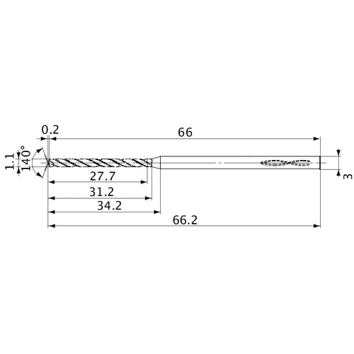 MVS0110X25S030 DP1020 1.1 mm Dia. × 3 mm Shank × 31.2 mm Flute Length × 66.2 mm OAL, 140°, 2 Flute, Coolant Thru, Solid Carbide Drill