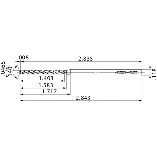 MVS0118X30S030 DP1020 0.0465″ Dia. × 0.118″ Shank × 1.583″ Flute Length × 2.843″ OAL, 140°, 2 Flute, Coolant Thru, Solid Carbide Drill