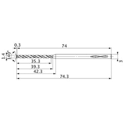 MVS0140X25S030 DP1020 1.4 mm Dia. × 3 mm Shank × 39.3 mm Flute Length × 74.3 mm OAL, 140°, 2 Flute, Coolant Thru, Solid Carbide Drill