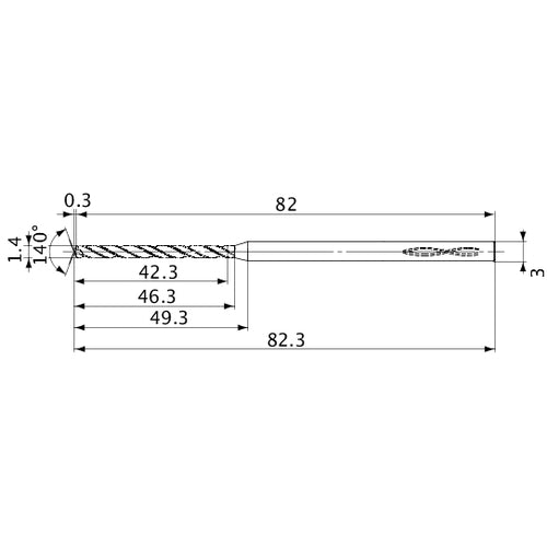 MVS0140X30S030 DP1020 1.4 mm Dia. × 3 mm Shank × 46.3 mm Flute Length × 82.3 mm OAL, 140°, 2 Flute, Coolant Thru, Solid Carbide Drill