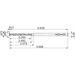 MVS0186X30S030 DP1020 0.073″ Dia. × 0.118″ Shank × 2.492″ Flute Length × 4.028″ OAL, 140°, 2 Flute, Coolant Thru, Solid Carbide Drill