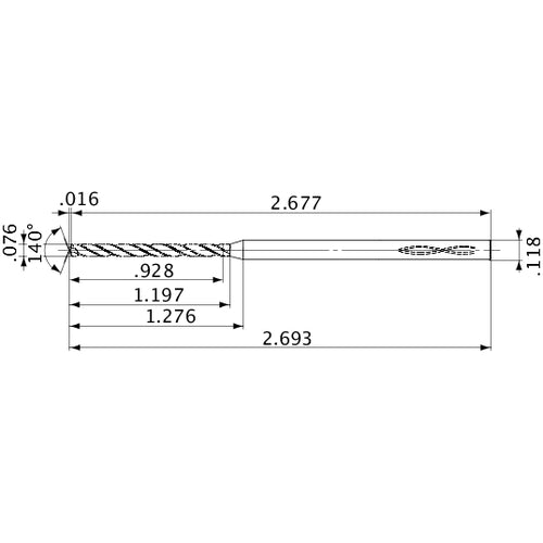 MVS0193X12S030 DP1020 0.076″ Dia. × 0.118″ Shank × 1.197″ Flute Length × 2.693″ OAL, 140°, 2 Flute, Coolant Thru, Solid Carbide Drill