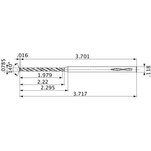 MVS0199X25S030 DP1020 0.0785″ Dia. × 0.118″ Shank × 2.22″ Flute Length × 3.717″ OAL, 140°, 2 Flute, Coolant Thru, Solid Carbide Drill