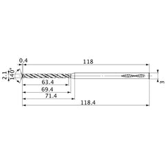 MVS0210X30S030 DP1020 2.1 mm Dia. × 3 mm Shank × 69.4 mm Flute Length × 118.4 mm OAL, 140°, 2 Flute, Coolant Thru, Solid Carbide Drill