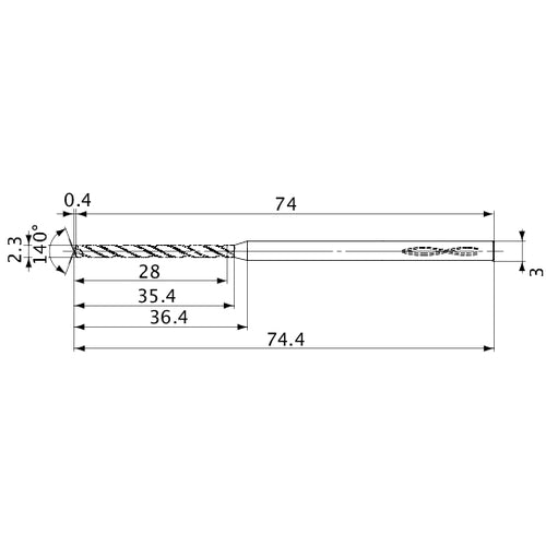 MVS0230X12S030 DP1020 2.3 mm Dia. × 3 mm Shank × 35.4 mm Flute Length × 74.4 mm OAL, 140°, 2 Flute, Coolant Thru, Solid Carbide Drill