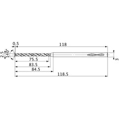 MVS0250X30S030 DP1020 2.5 mm Dia. × 3 mm Shank × 83.5 mm Flute Length × 118.5 mm OAL, 140°, 2 Flute, Coolant Thru, Solid Carbide Drill
