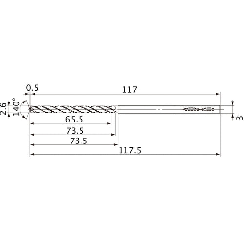 MVS0260X25S030 DP1020 2.6 mm Dia. × 3 mm Shank × 73.5 mm Flute Length × 117.5 mm OAL, 140°, 2 Flute, Coolant Thru, Solid Carbide Drill