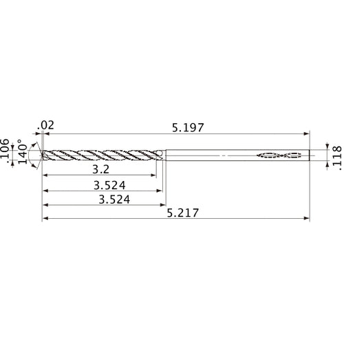 MVS0269X30S030 DP1020 0.106″ Dia. × 0.118″ Shank × 3.524″ Flute Length × 5.217″ OAL, 140°, 2 Flute, Coolant Thru, Solid Carbide Drill