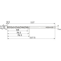 MVS0270X25S030 DP1020 2.7 mm Dia. × 3 mm Shank × 76.5 mm Flute Length × 117.5 mm OAL, 140°, 2 Flute, Coolant Thru, Solid Carbide Drill