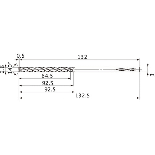 MVS0280X30S030 DP1020 2.8 mm Dia. × 3 mm Shank × 92.5 mm Flute Length × 132.5 mm OAL, 140°, 2 Flute, Coolant Thru, Solid Carbide Drill