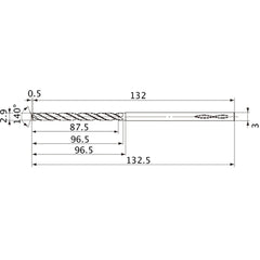 MVS0290X30S030 DP1020 2.9 mm Dia. × 3 mm Shank × 96.5 mm Flute Length × 132.5 mm OAL, 140°, 2 Flute, Coolant Thru, Solid Carbide Drill
