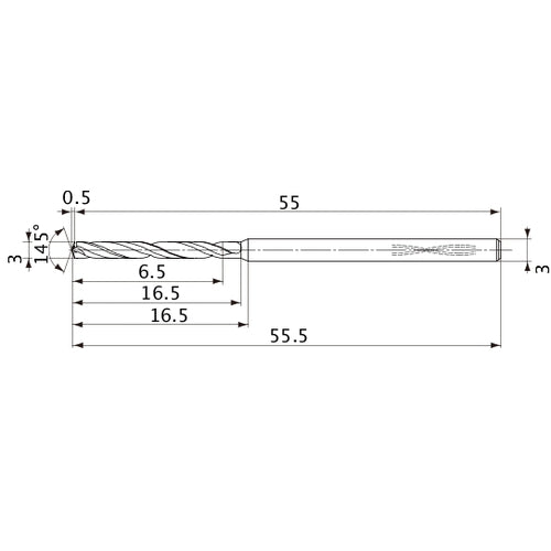 MVS0300X02S030PL DP1020 3 mm Dia. × 3 mm Shank × 16.5 mm Flute Length × 55.5 mm OAL, 145°, 2 Flute, Coolant Thru, Solid Carbide Drill