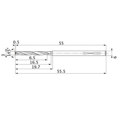 MVS0300X02S060PL DP1020 3 mm Dia. × 6 mm Shank × 16.5 mm Flute Length × 55.5 mm OAL, 145°, 2 Flute, Coolant Thru, Solid Carbide Drill