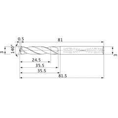 MVS0300X08S030 DP1020 3 mm Dia. × 3 mm Shank × 35.5 mm Flute Length × 81.5 mm OAL, 140°, 2 Flute, Coolant Thru, Solid Carbide Drill