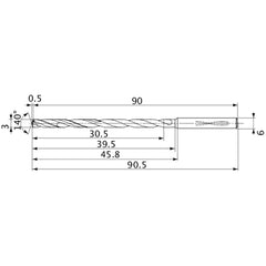 MVS0300X10S060 DP1020 3 mm Dia. × 6 mm Shank × 39.5 mm Flute Length × 90.5 mm OAL, 140°, 2 Flute, Coolant Thru, Solid Carbide Drill