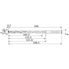 MVS0300X35S060 DP1020 3 mm Dia. × 6 mm Shank × 115.5 mm Flute Length × 166.5 mm OAL, 140°, 2 Flute, Coolant Thru, Solid Carbide Drill