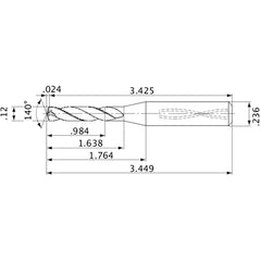 MVS0305X08S060 DP1020 0.12″ Dia. × 0.236″ Shank × 1.638″ Flute Length × 3.449″ OAL, 140°, 2 Flute, Coolant Thru, Solid Carbide Drill