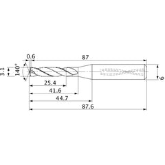 MVS0310X08S060 DP1020 3.1 mm Dia. × 6 mm Shank × 41.6 mm Flute Length × 87.6 mm OAL, 140°, 2 Flute, Coolant Thru, Solid Carbide Drill