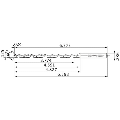 MVS0318X30S060 DP1020 1/8″ Dia. × 0.236″ Shank × 4.591″ Flute Length × 6.598″ OAL, 140°, 2 Flute, Coolant Thru, Solid Carbide Drill