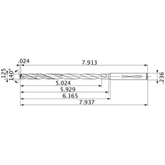 MVS0318X40S060 DP1020 1/8″ Dia. × 0.236″ Shank × 5.929″ Flute Length × 7.937″ OAL, 140°, 2 Flute, Coolant Thru, Solid Carbide Drill
