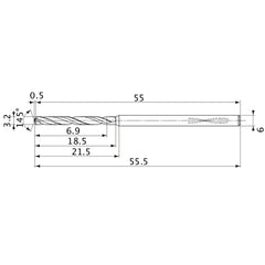 MVS0320X02S060PL DP1020 3.2 mm Dia. × 6 mm Shank × 18.5 mm Flute Length × 55.5 mm OAL, 145°, 2 Flute, Coolant Thru, Solid Carbide Drill