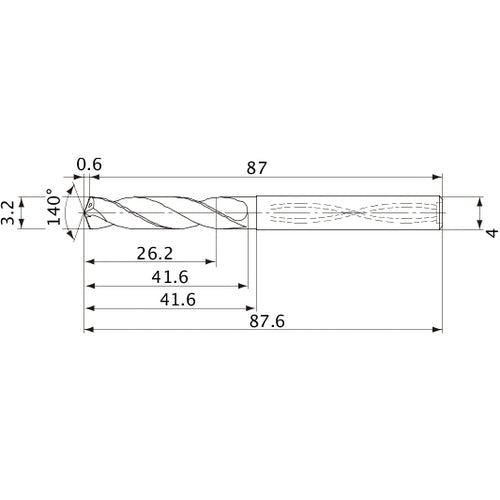 MVS0320X08S040 DP1020 3.2 mm Dia. × 4 mm Shank × 41.6 mm Flute Length × 87.6 mm OAL, 140°, 2 Flute, Coolant Thru, Solid Carbide Drill