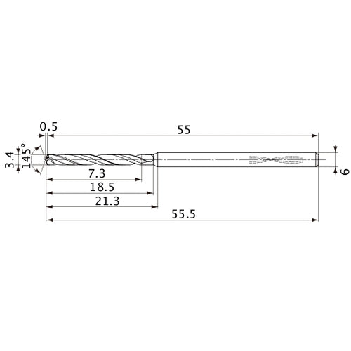 MVS0340X02S060PL DP1020 3.4 mm Dia. × 6 mm Shank × 18.5 mm Flute Length × 55.5 mm OAL, 145°, 2 Flute, Coolant Thru, Solid Carbide Drill