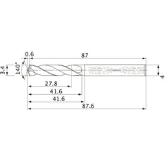MVS0340X08S040 DP1020 3.4 mm Dia. × 4 mm Shank × 41.6 mm Flute Length × 87.6 mm OAL, 140°, 2 Flute, Coolant Thru, Solid Carbide Drill