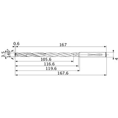 MVS0350X30S040 DP1020 3.5 mm Dia. × 4 mm Shank × 116.6 mm Flute Length × 167.6 mm OAL, 140°, 2 Flute, Coolant Thru, Solid Carbide Drill